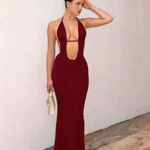 Elegant Burgundy Halter Dress open back nwot from bellabodyx